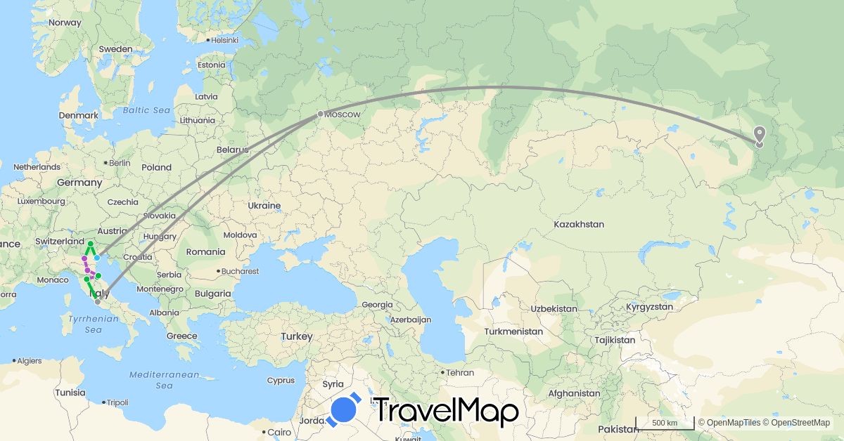 TravelMap itinerary: driving, bus, plane, train, boat in Italy, Russia, San Marino (Europe)