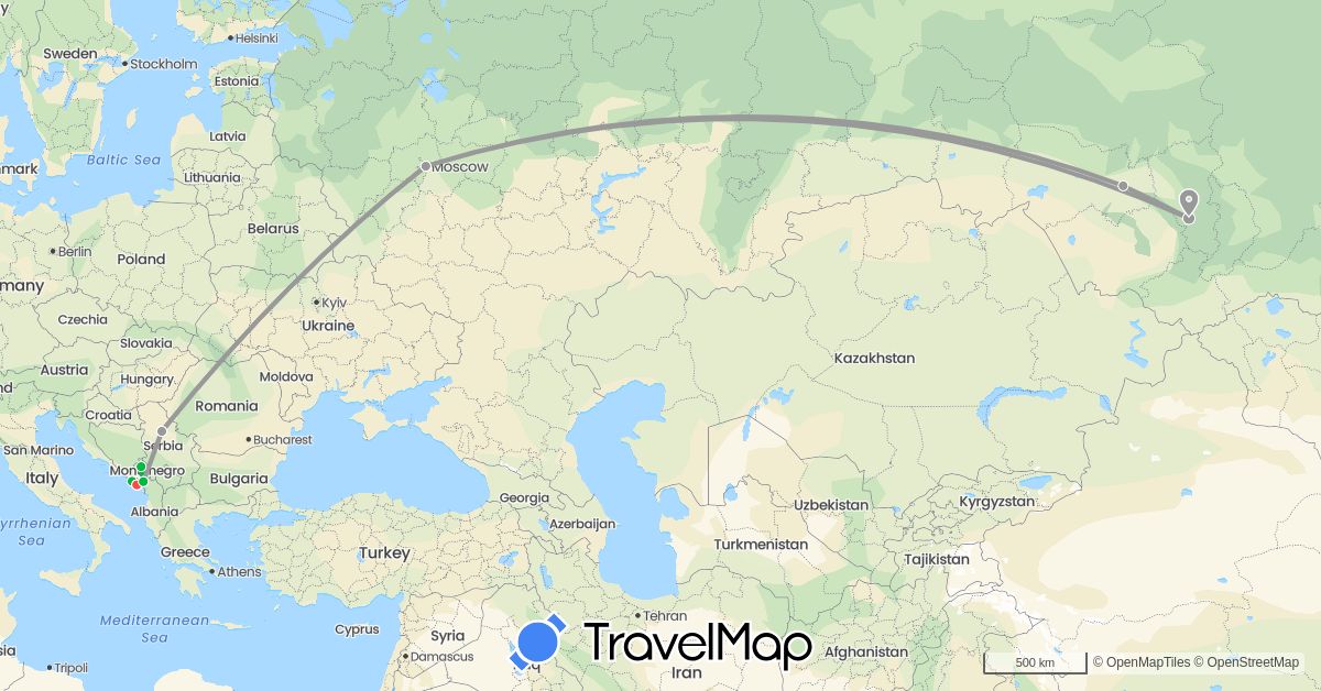 TravelMap itinerary: driving, bus, plane, hiking in Montenegro, Serbia, Russia (Europe)
