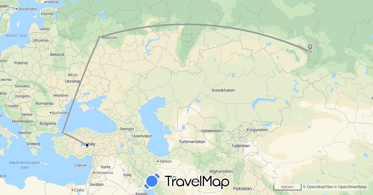TravelMap itinerary: driving, bus, plane in Russia, Turkey (Asia, Europe)