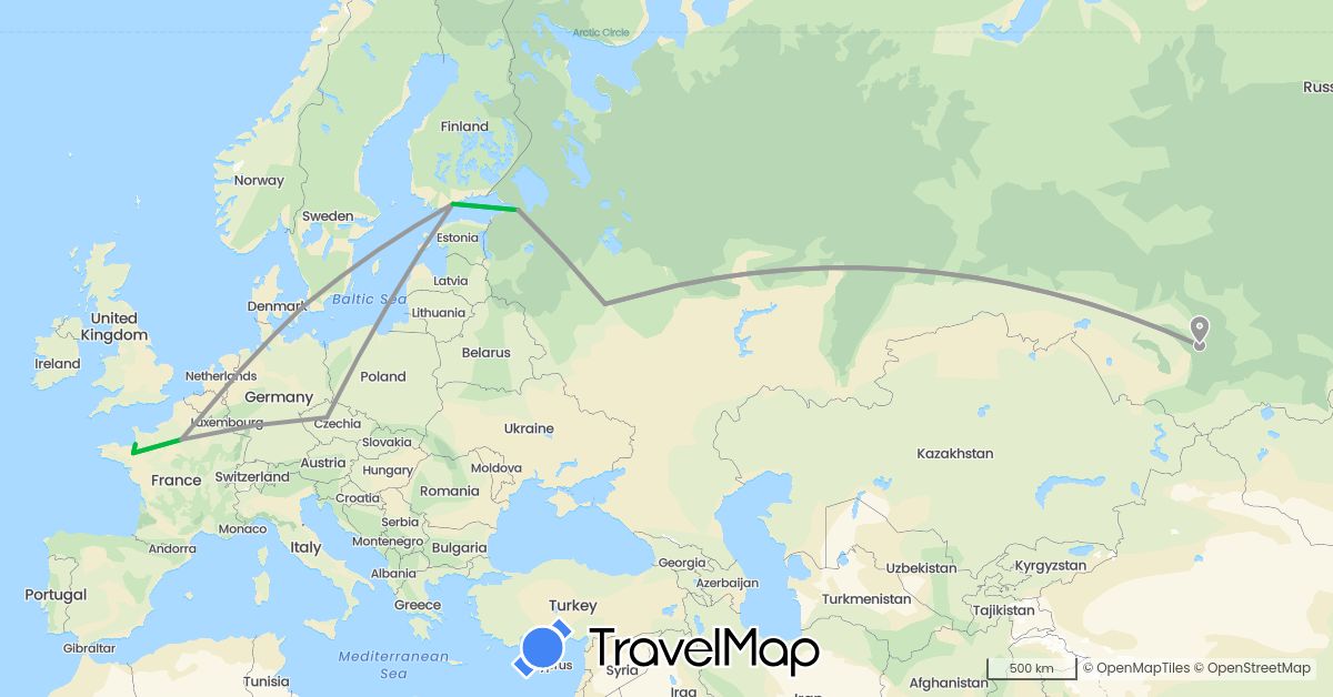 TravelMap itinerary: driving, bus, plane, hiking in Czech Republic, Denmark, Finland, France, Russia (Europe)