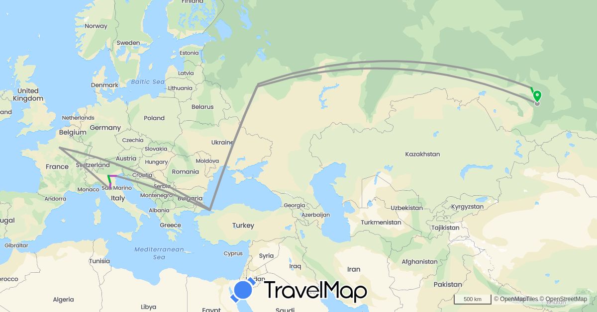 TravelMap itinerary: driving, bus, plane, train in France, Italy, Russia, Turkey (Asia, Europe)