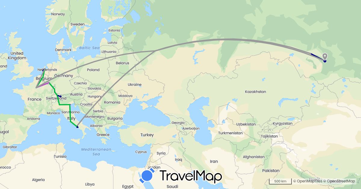 TravelMap itinerary: driving, bus, plane, train, hiking, boat in Austria, Belgium, Switzerland, Germany, France, Italy, Liechtenstein, Luxembourg, Netherlands, Russia, Vatican City (Europe)