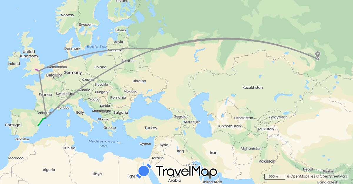 TravelMap itinerary: driving, bus, plane, train in Spain, United Kingdom, Russia (Europe)