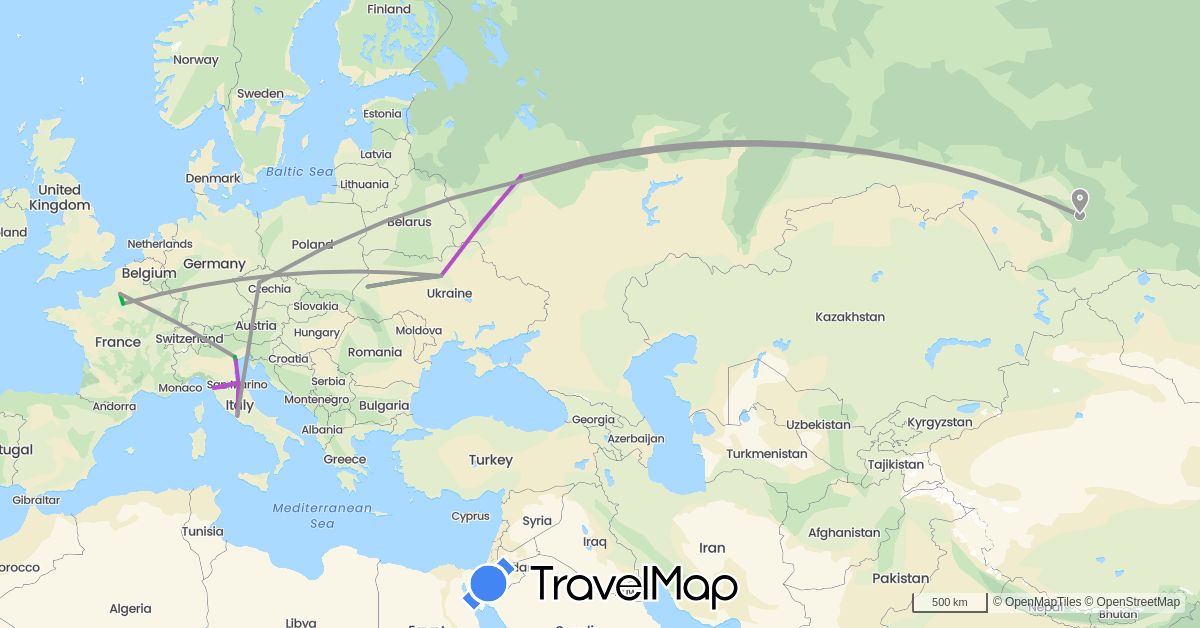 TravelMap itinerary: driving, bus, plane, train in Czech Republic, France, Italy, Russia, San Marino, Ukraine (Europe)