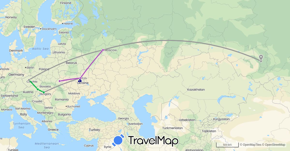 TravelMap itinerary: driving, bus, plane, train in Czech Republic, Hungary, Russia, Slovakia, Ukraine (Europe)