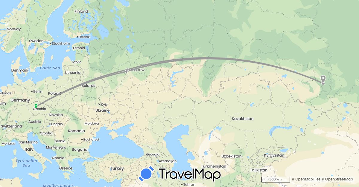 TravelMap itinerary: driving, bus, plane in Czech Republic, Russia (Europe)