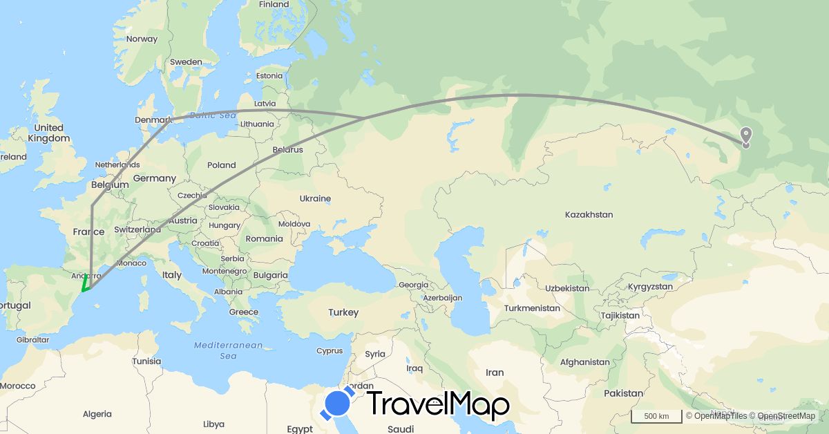 TravelMap itinerary: driving, bus, plane, train in Andorra, Denmark, Spain, France, Russia (Europe)