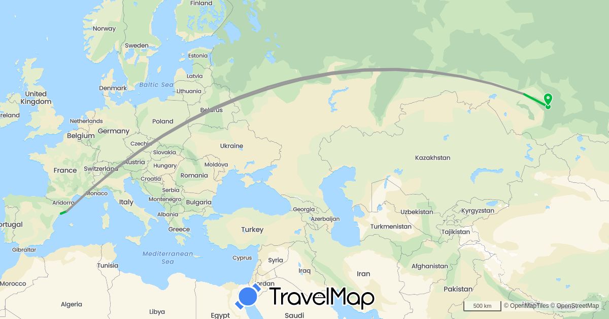TravelMap itinerary: bus, plane, train in Spain, Russia (Europe)