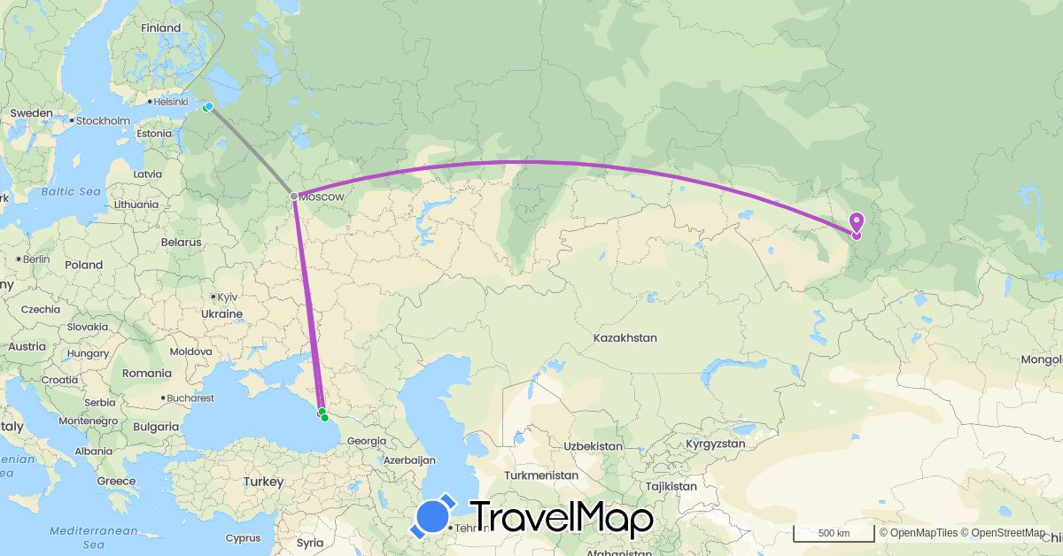 TravelMap itinerary: driving, bus, plane, train, boat in Georgia, Russia (Asia, Europe)