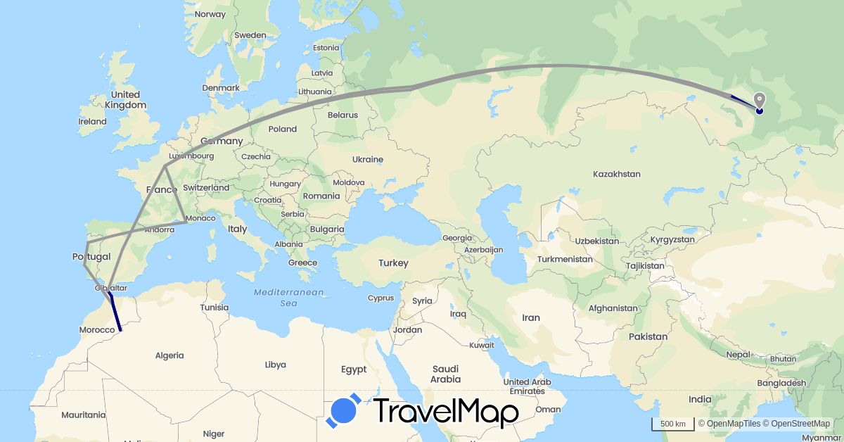 TravelMap itinerary: driving, plane in Spain, France, Morocco, Portugal, Russia (Africa, Europe)